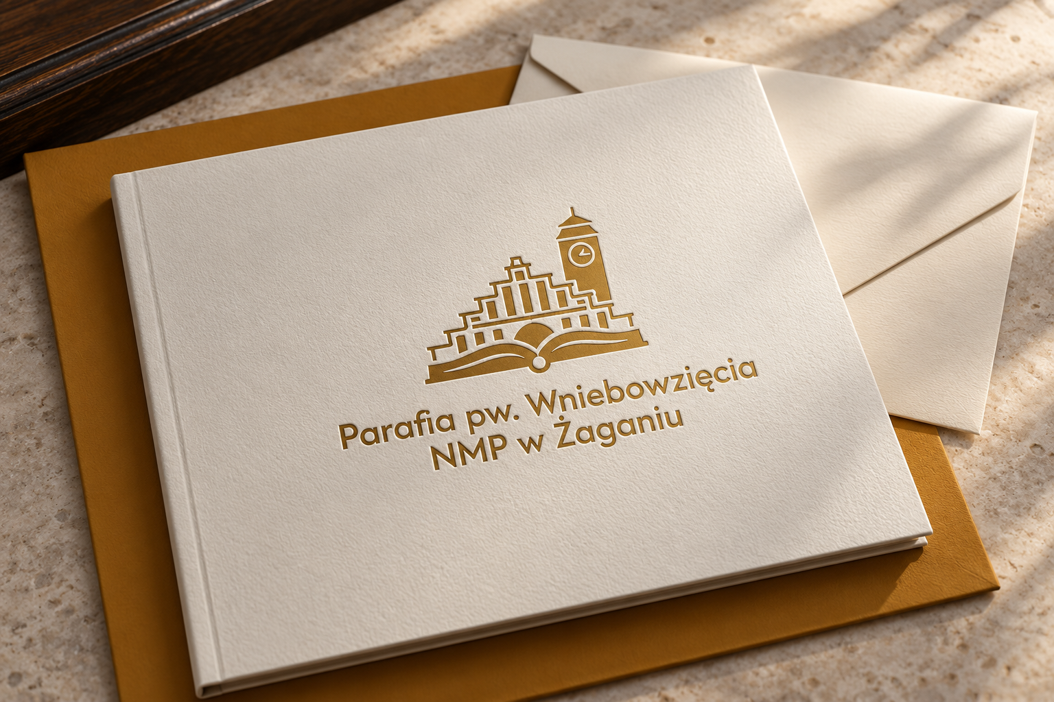 Logo parafii tłoczone na jasnej okładce, na złocistej teczce
