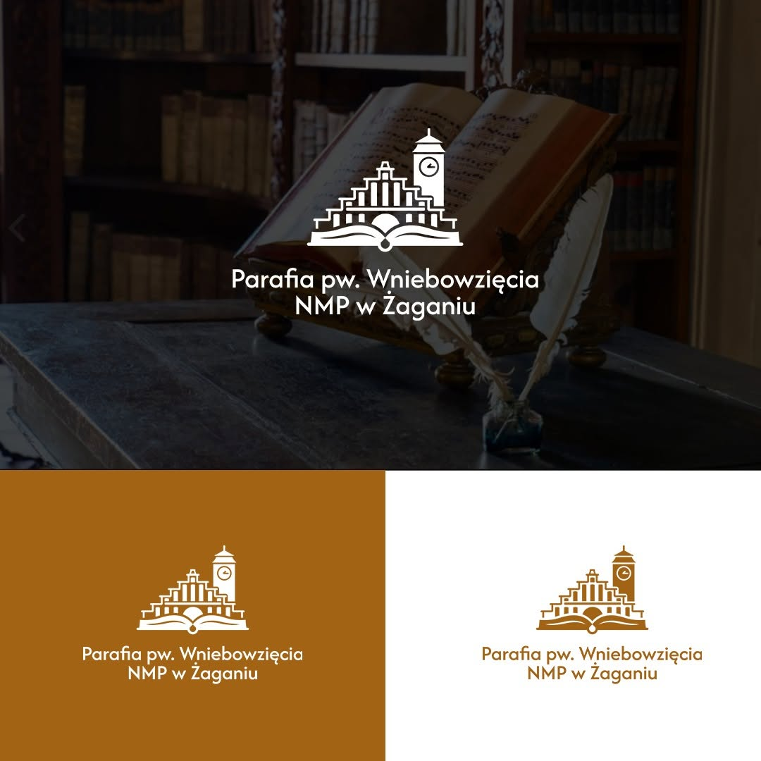 Oryginalna plansza logo Parafii Wniebowzięcia NMP w Żaganiu: biała i złocista wersja