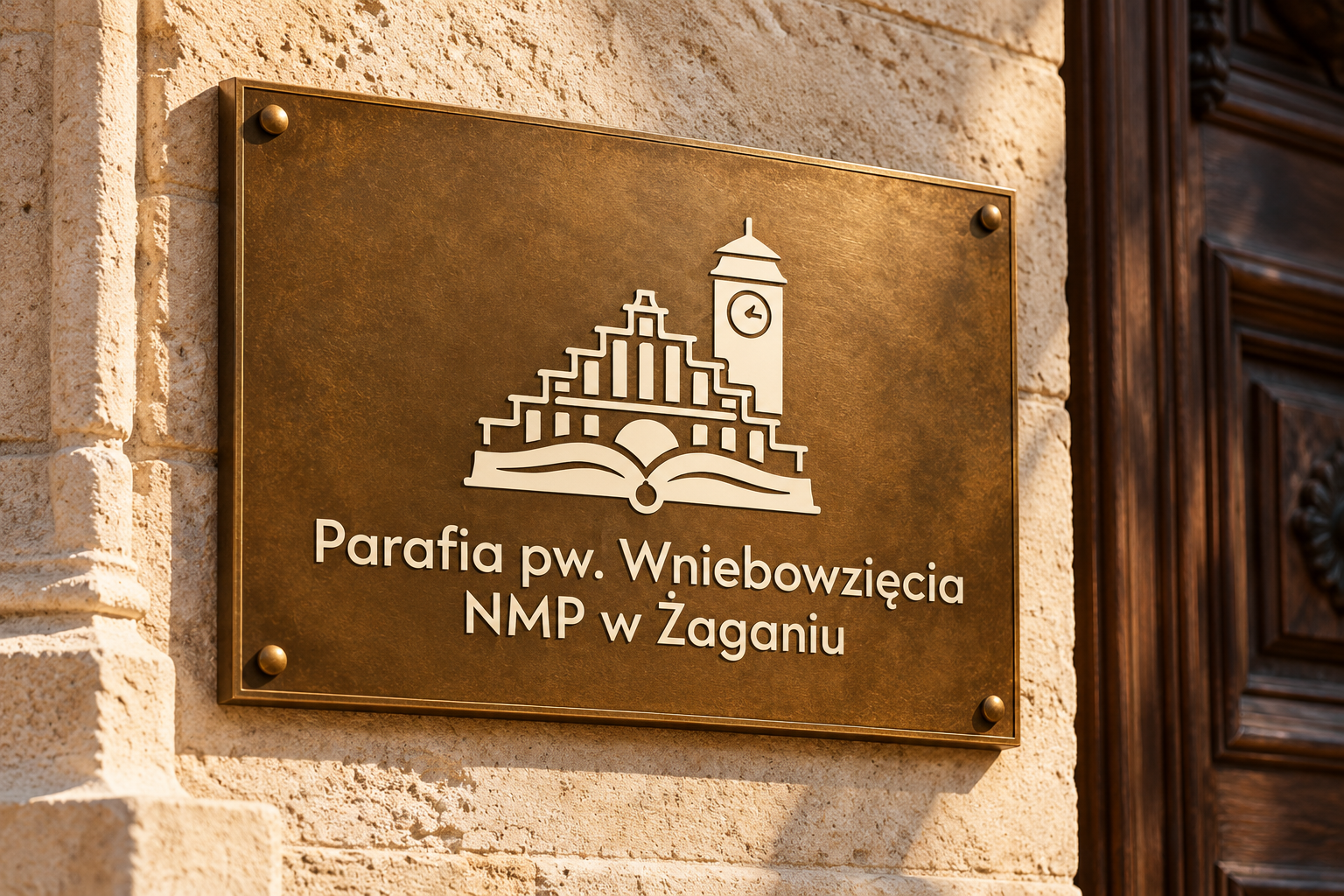 Logo parafii na metalowej tablicy w ciepłej, złocistej tonacji