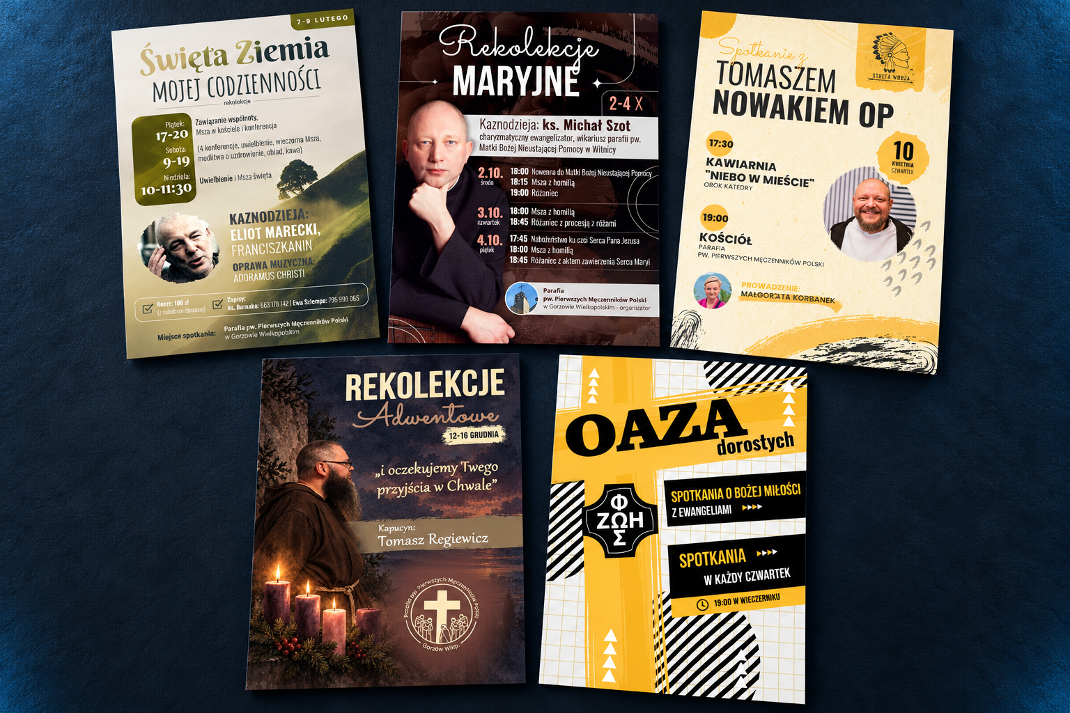 Mockup pięciu plakatów na ciemnym tle