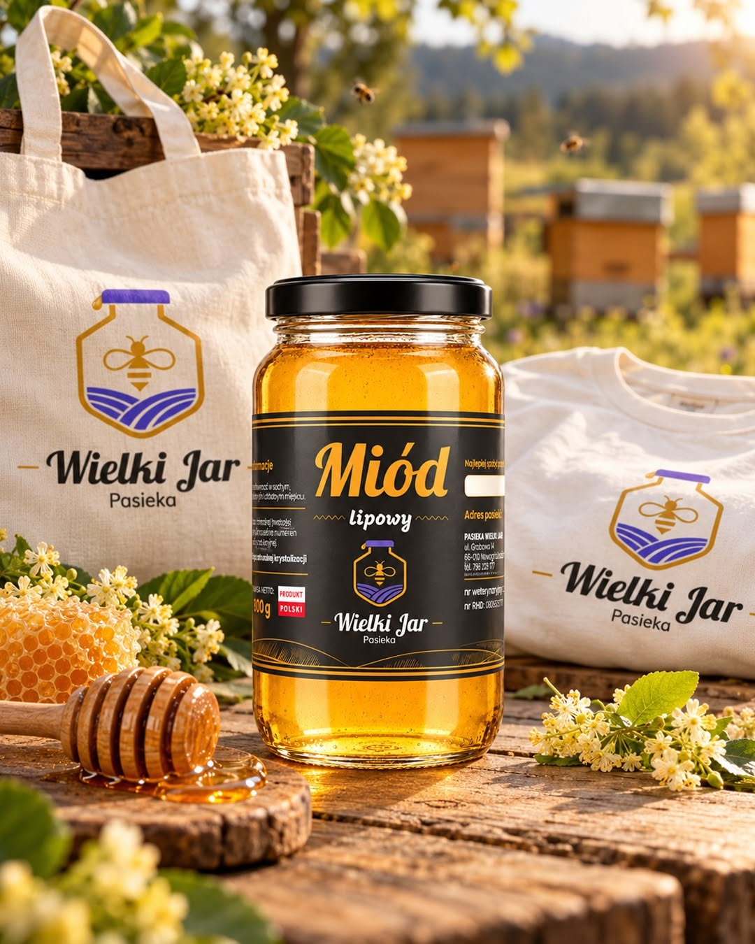 Wielki Jar — prezentacja logo na słoiku miodu, torbie i koszulce w pasiece