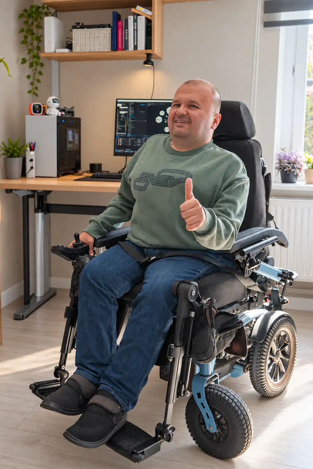 Uśmiechnięty Konrad Okołotowicz w swojej pracowni z kciukiem w górę